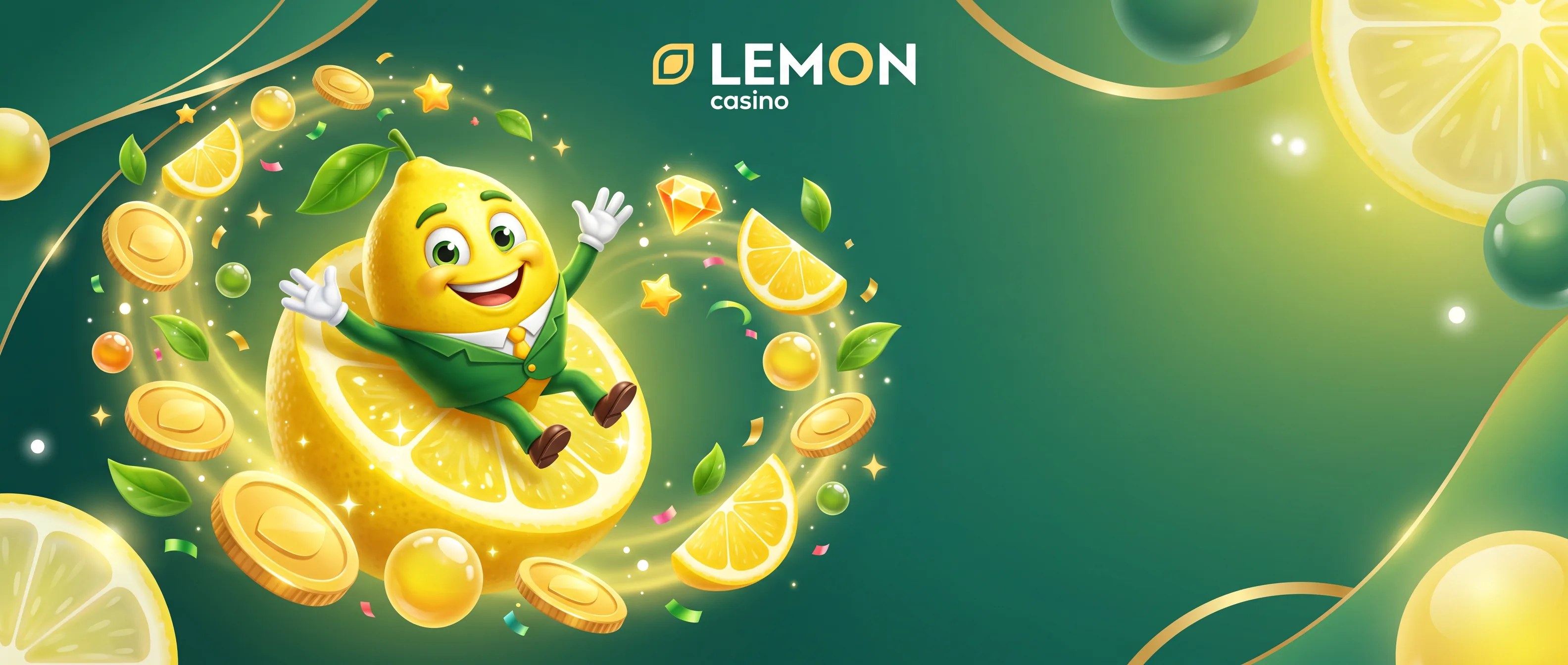 Maskotka Lemon Casino pośród cytryn, liści i złotych monet.