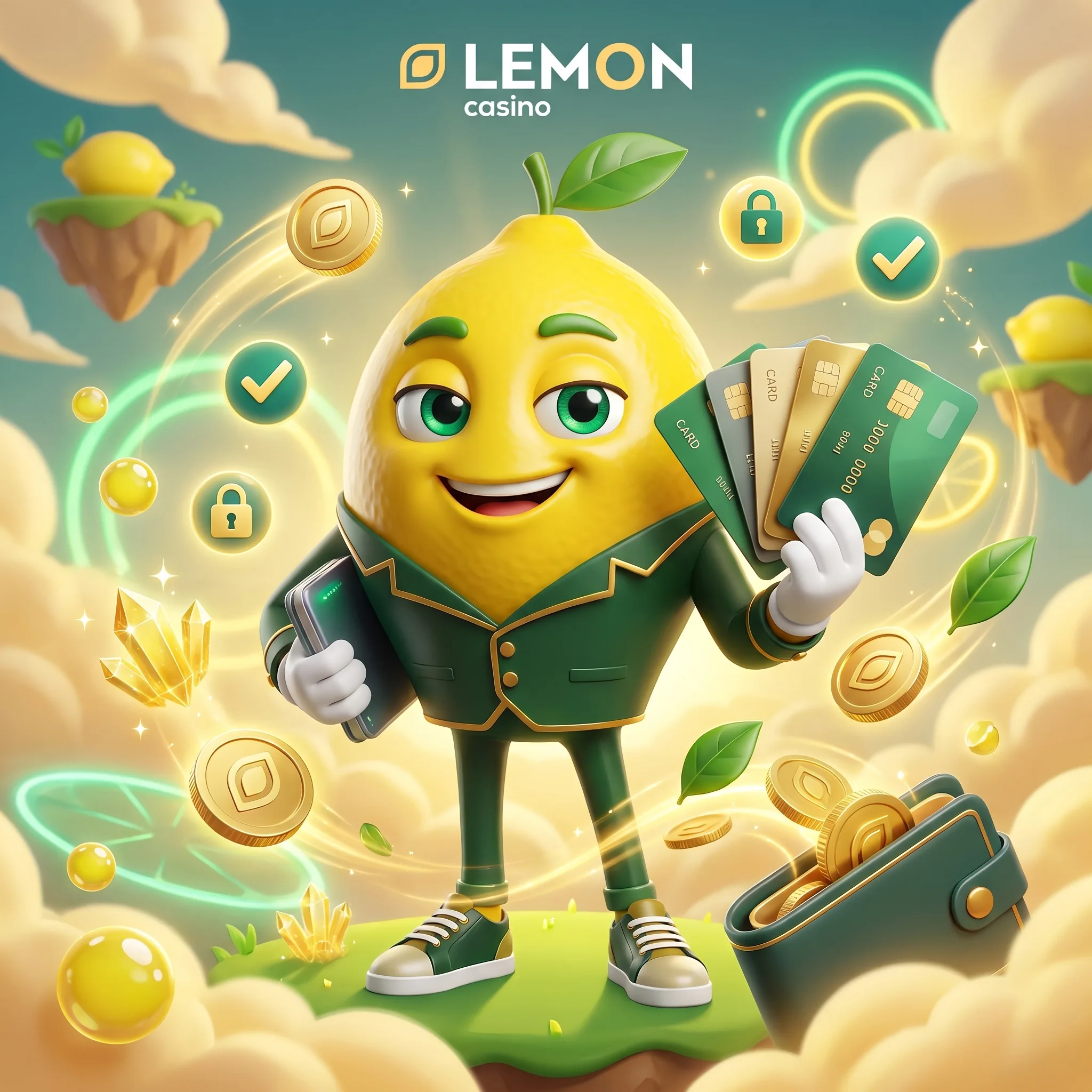 Maskotka Lemon Casino trzyma karty płatnicze obok symboli kłódki i bezpieczeństwa.